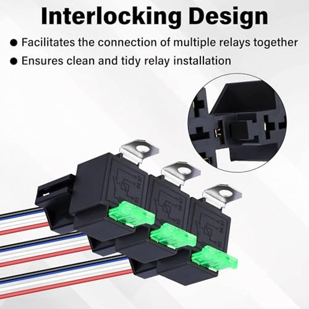 Interlocking design 4-pin 12V relay harness set with green terminal blocks and metal mounting plates
