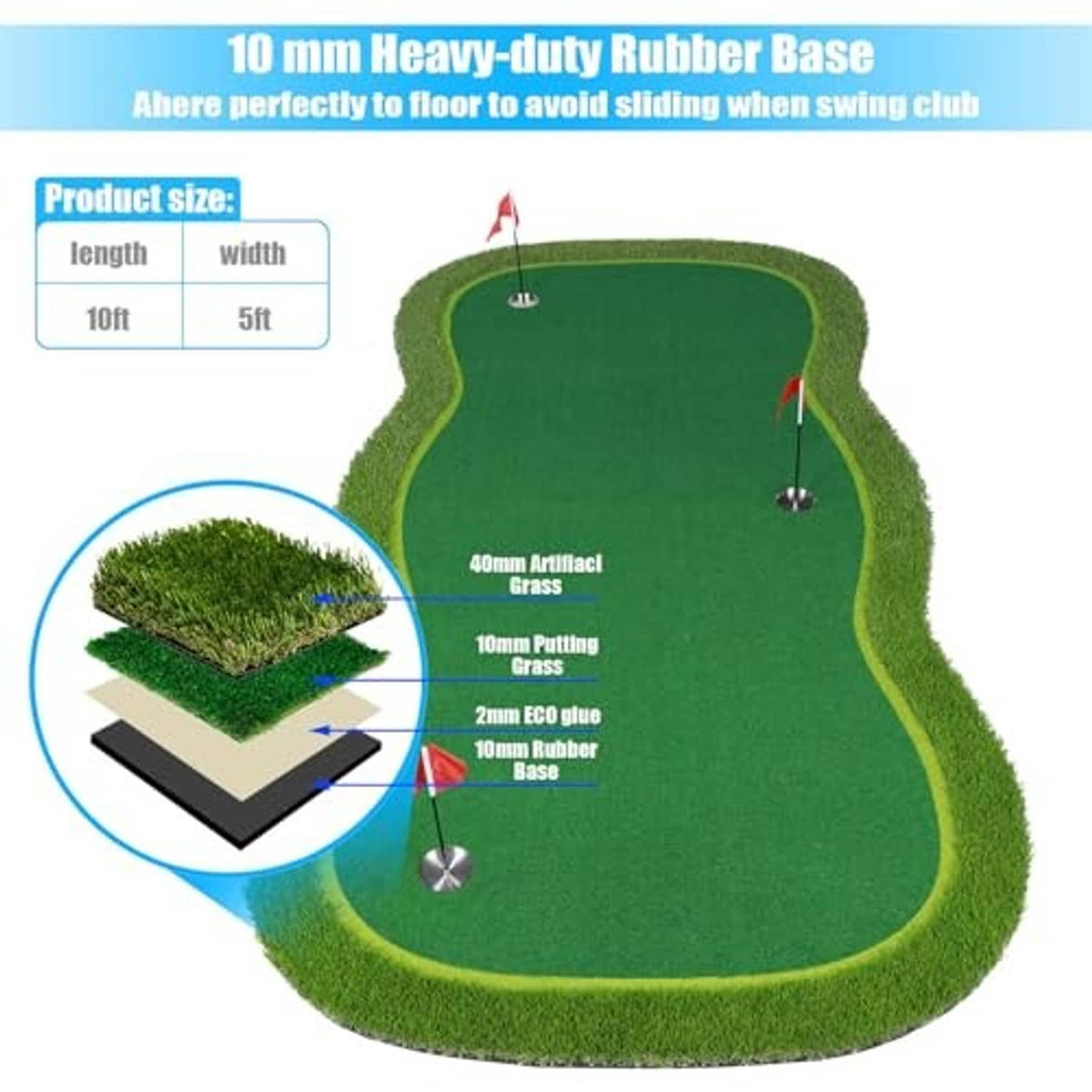 Golf putting green mat with green turf and rubber base, four metal cup holes and flags