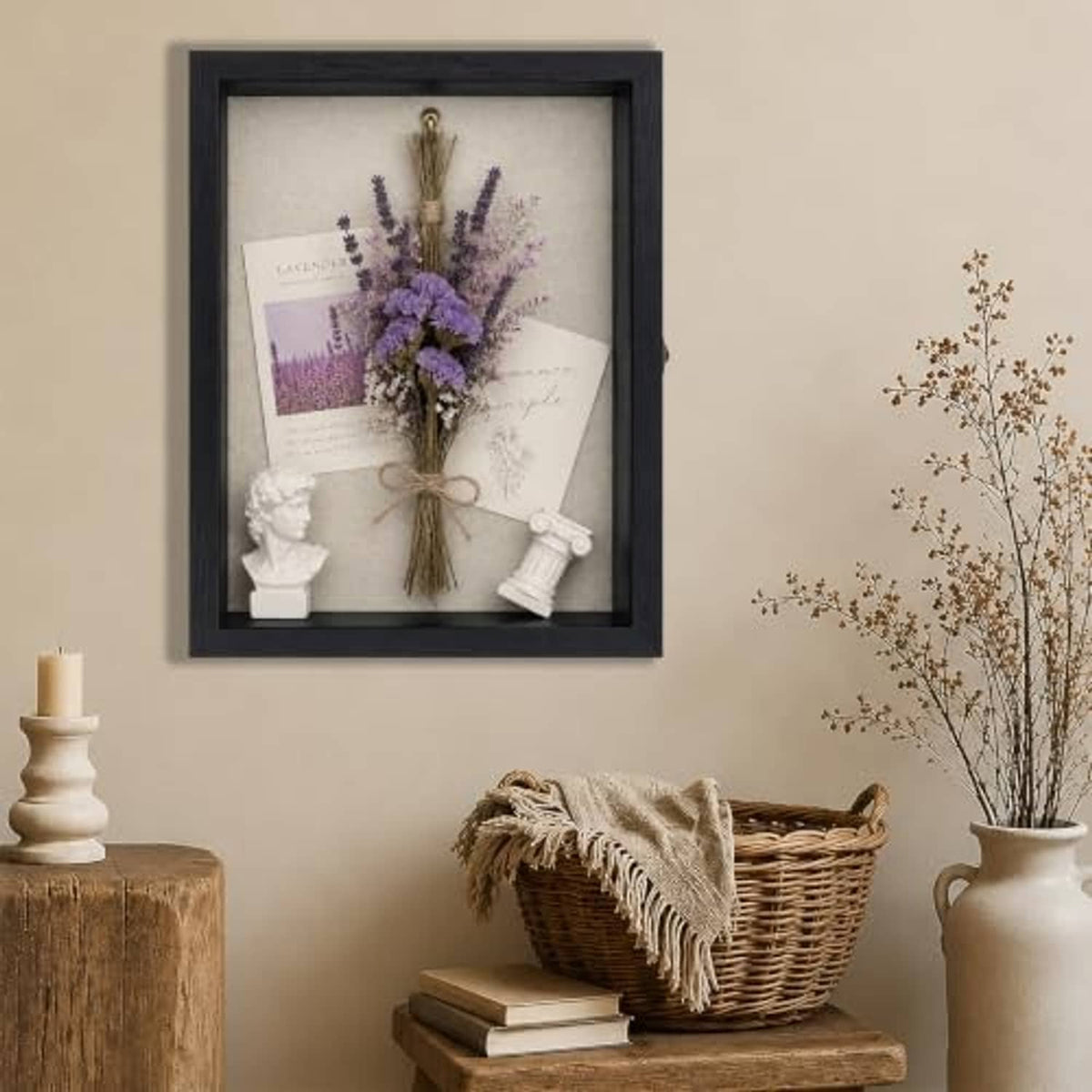 Black pine wood shadow box frame with lavender bouquet arrangement in display case