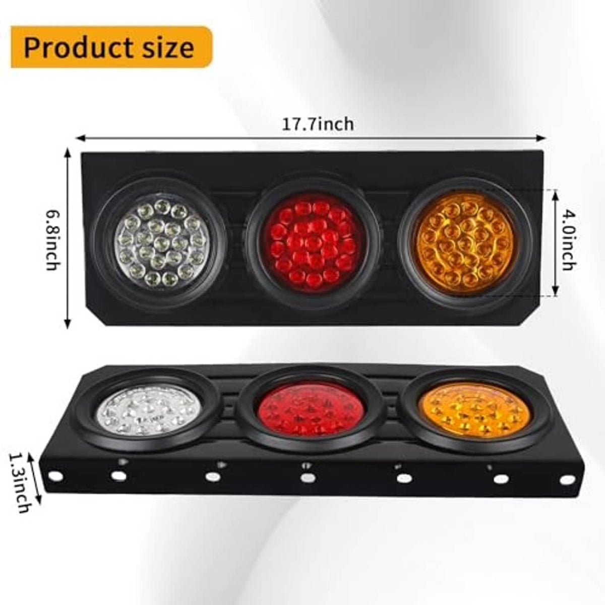 Black LED trailer tail light bar with three round lenses and mounting holes