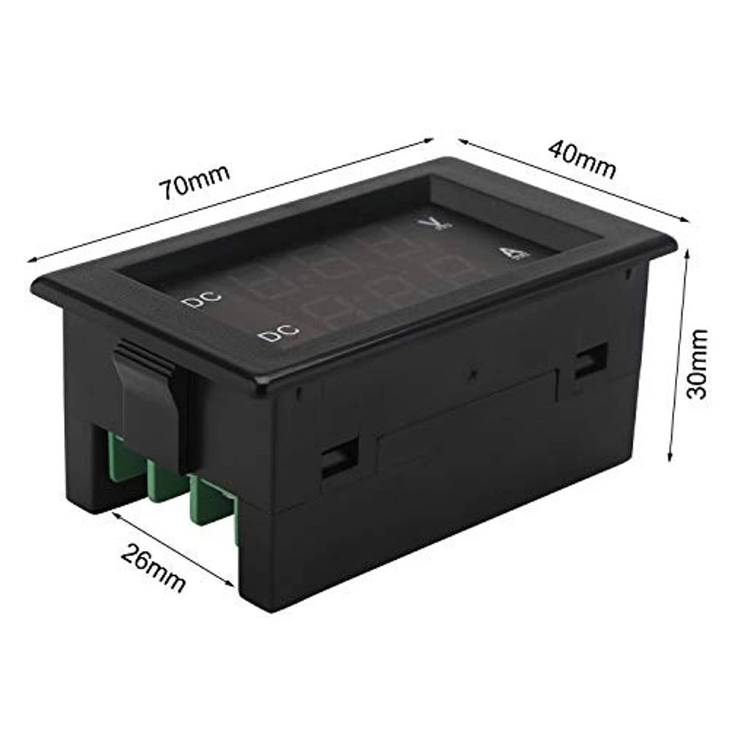 DC voltmeter ammeter panel meter with 70mm x 40mm x 30mm dimensions shown.