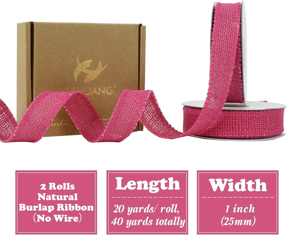 Hot pink burlap ribbon ribbon on a spool with product-style graphics for size