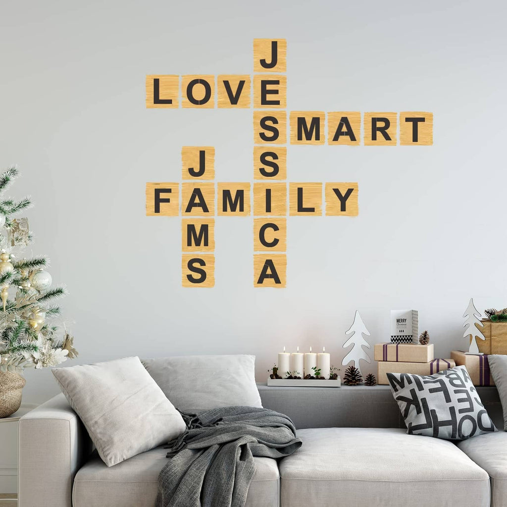 Large letter and number stencil set shown with stacked words LOVE, SMART, FAMILY on a wall