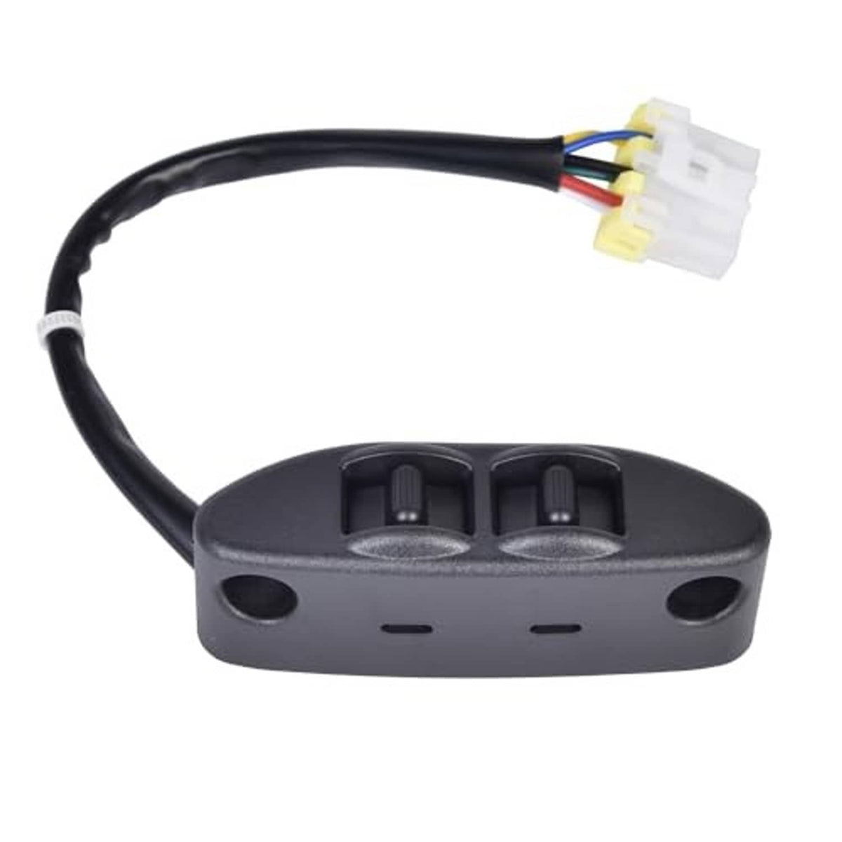 Power seat switch assembly side view with two buttons and white connector plug, dark gray