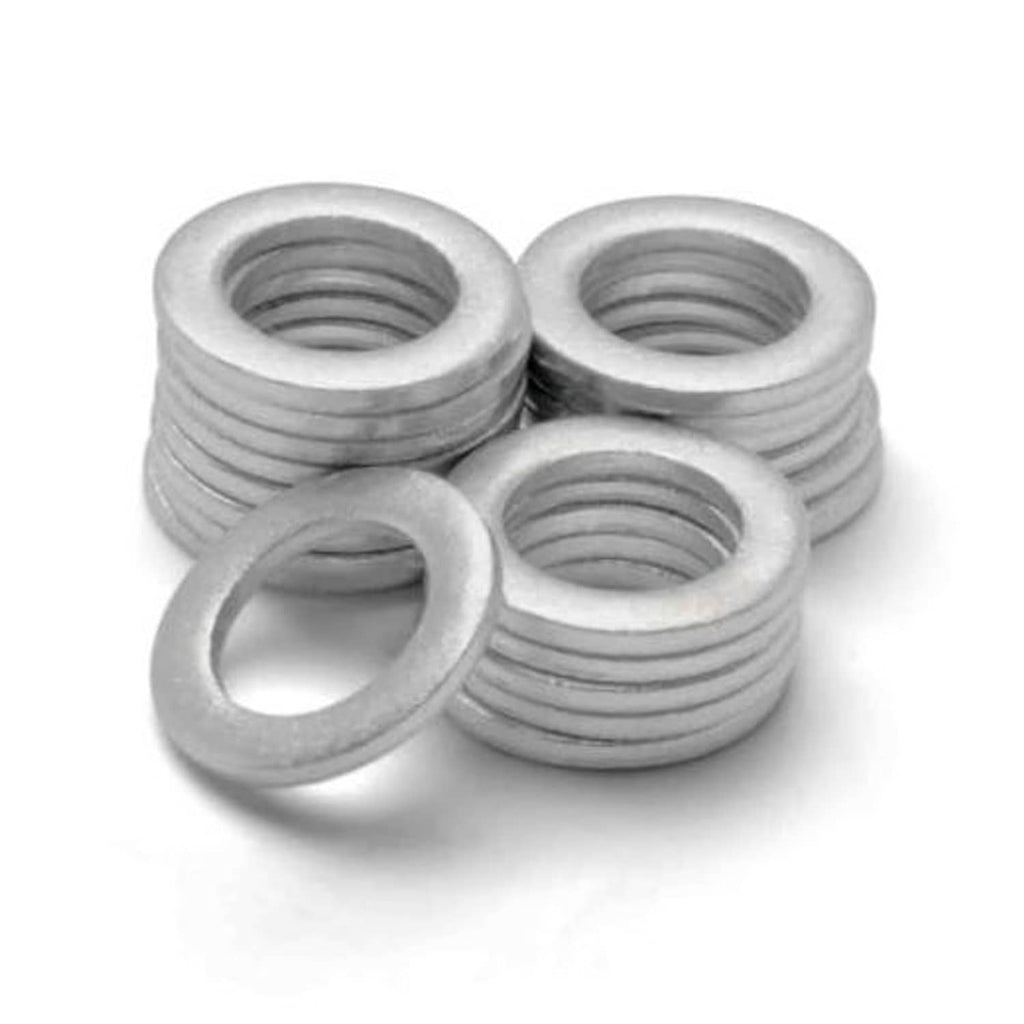 Oil drain plug crush washers, silver aluminum rings with central threaded holes