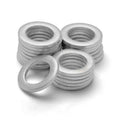 Oil drain plug crush washers, silver aluminum rings with central threaded holes