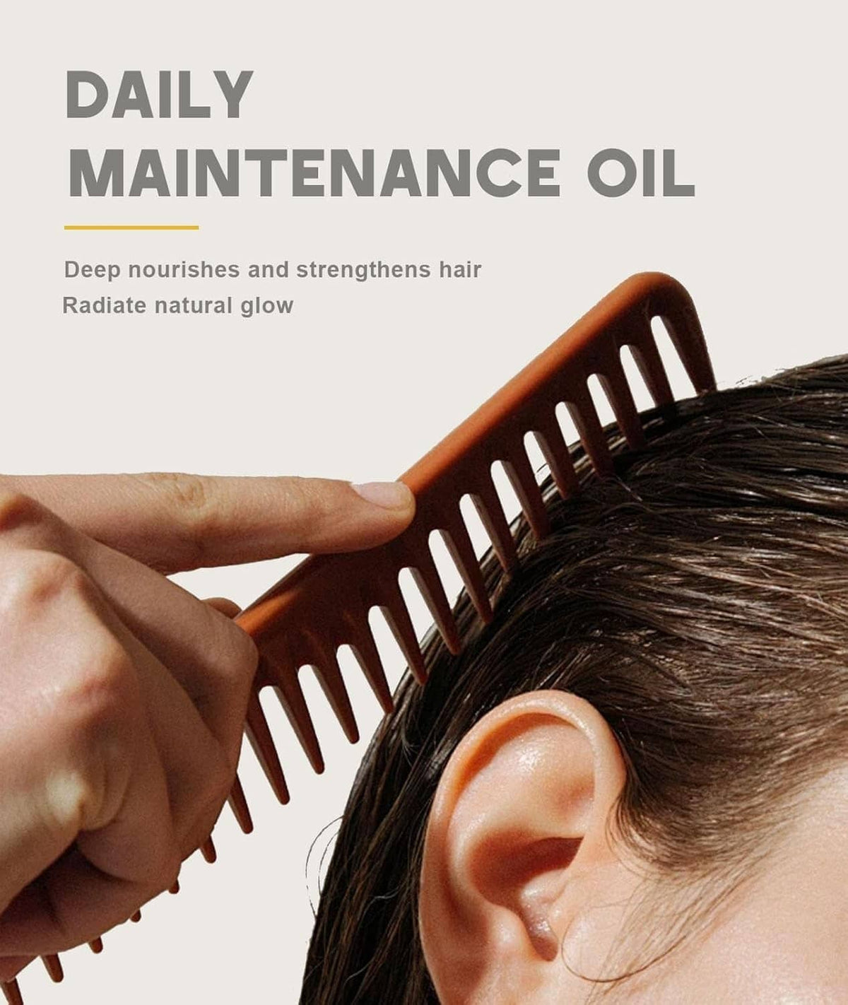 Daily maintenance oil application with comb, glossy oil on scalp and hair