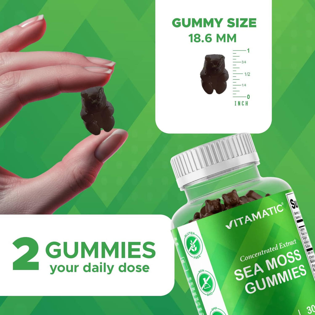 Two sea moss gummy pieces with bottle, gummy size chart shown on marketing panel