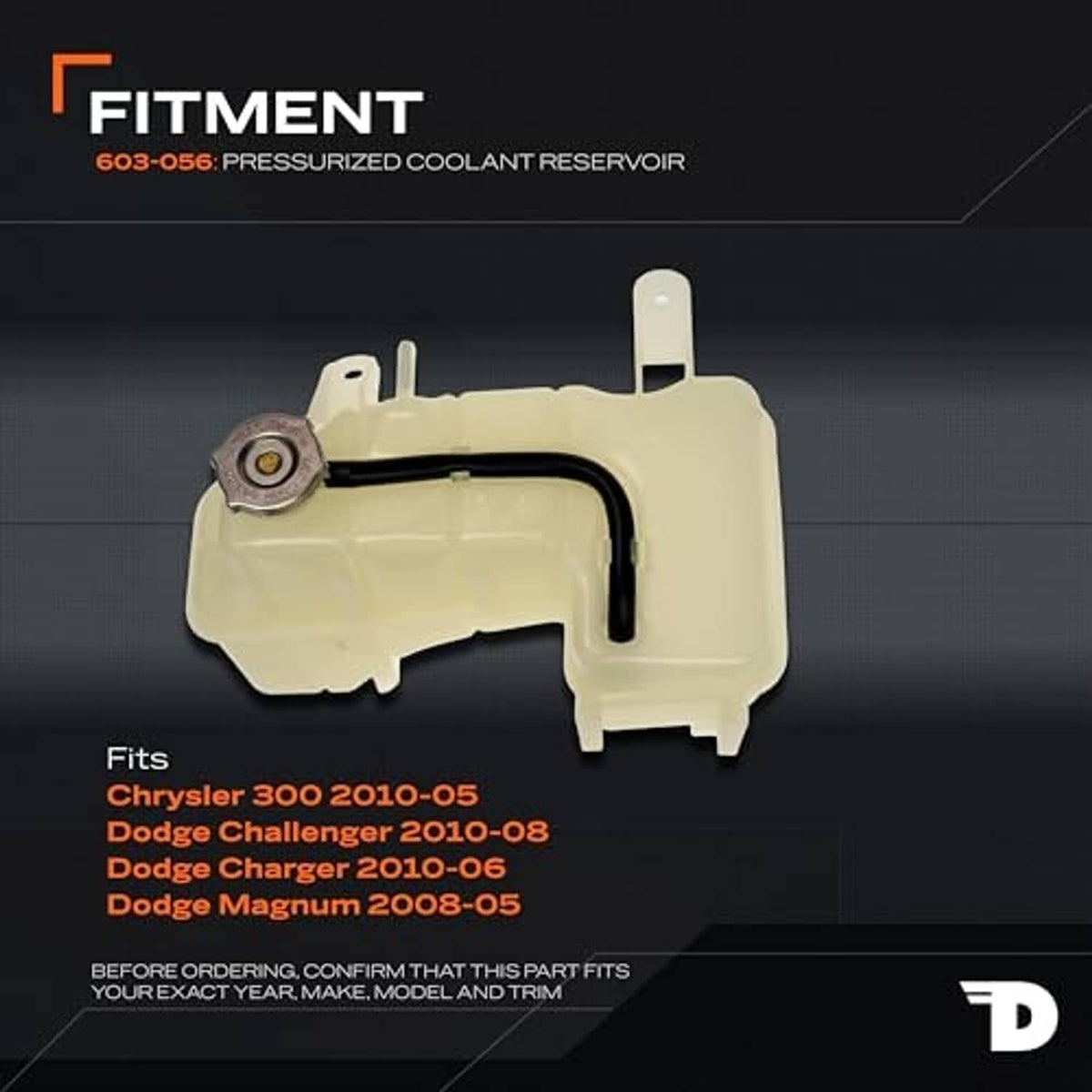 Pressurized coolant reservoir in light beige with cap, mounting tabs and black hose