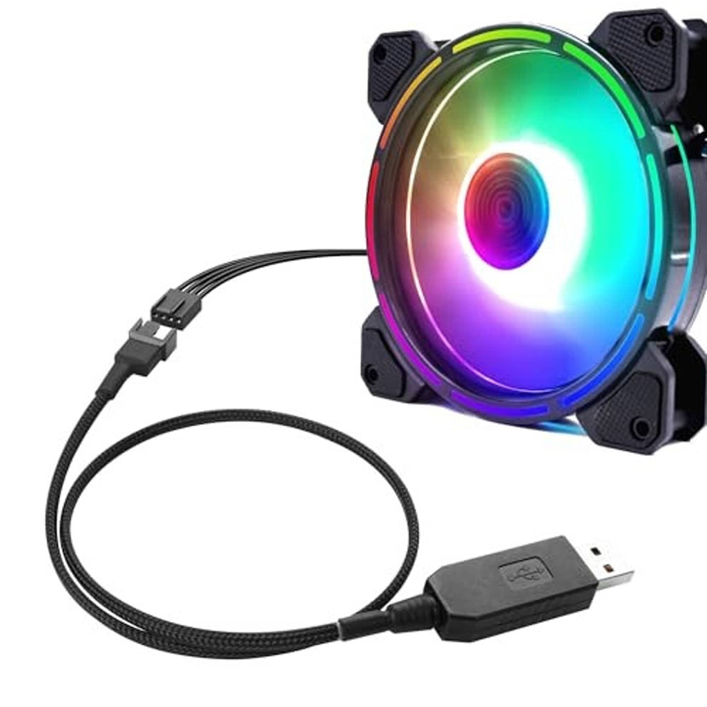 Braided USB male to 4-pin fan cable connected to an RGB PC fan header
