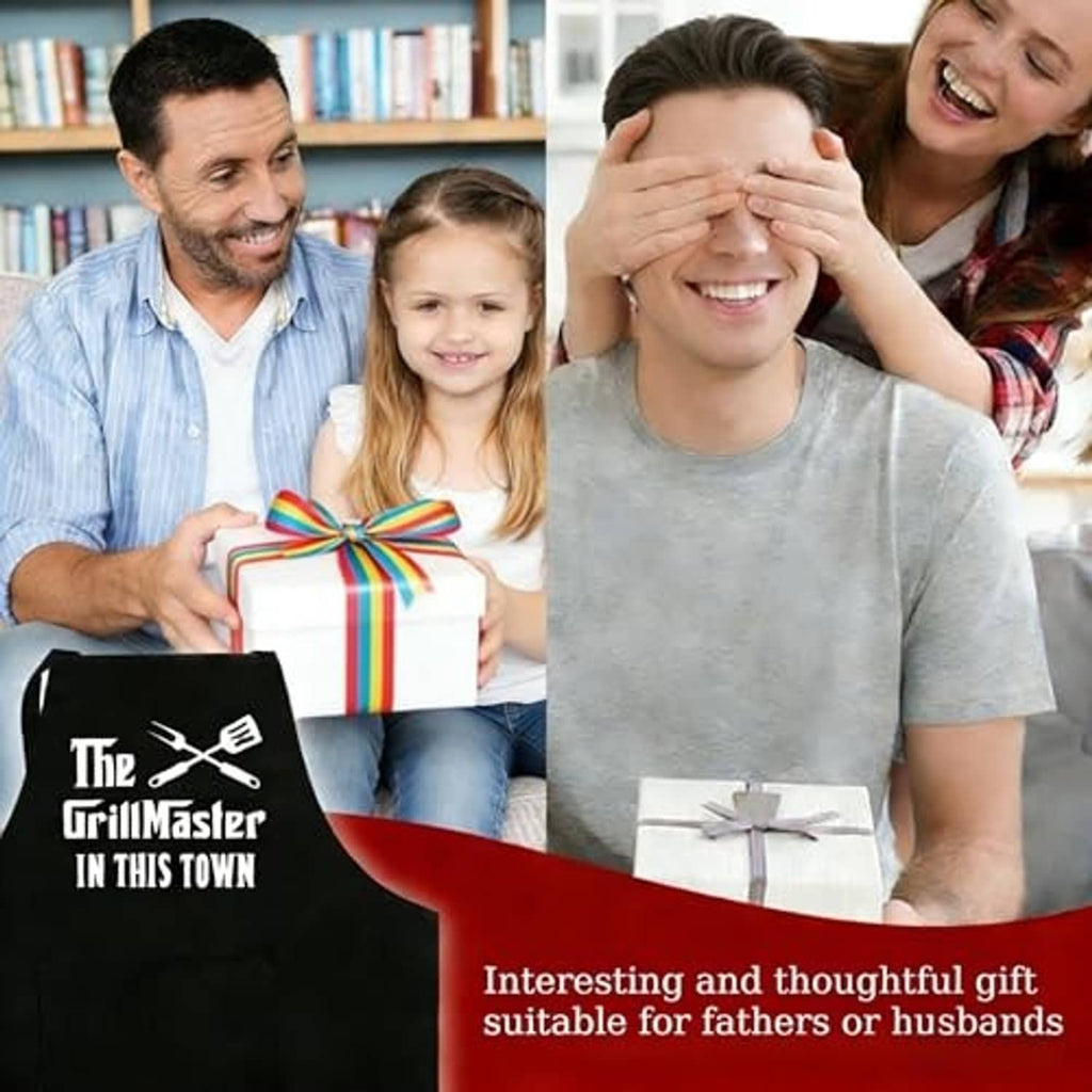Black grilling apron gift design with grill-themed logo graphic on a person.