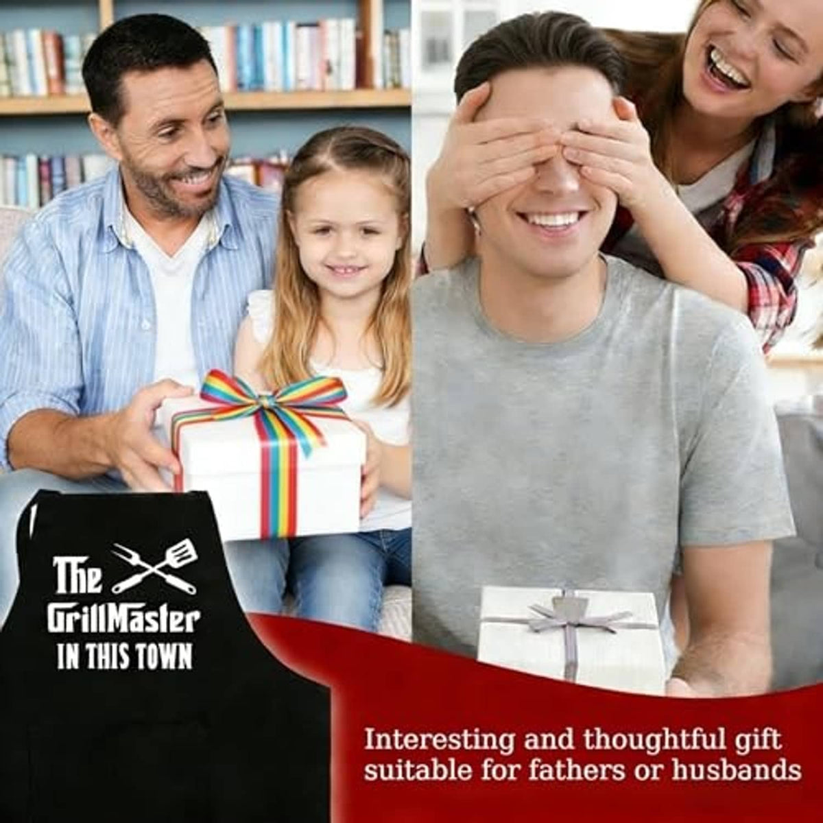 Black grilling apron gift design with grill-themed logo graphic on a person.