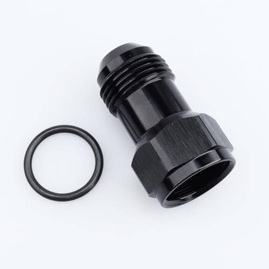 Black aluminum AN10 adapter fitting with O-ring, male threads and hex body