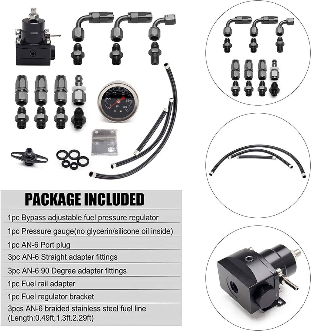 Fuel pressure regulator kit components: black regulator, pressure gauge, hoses, adapters