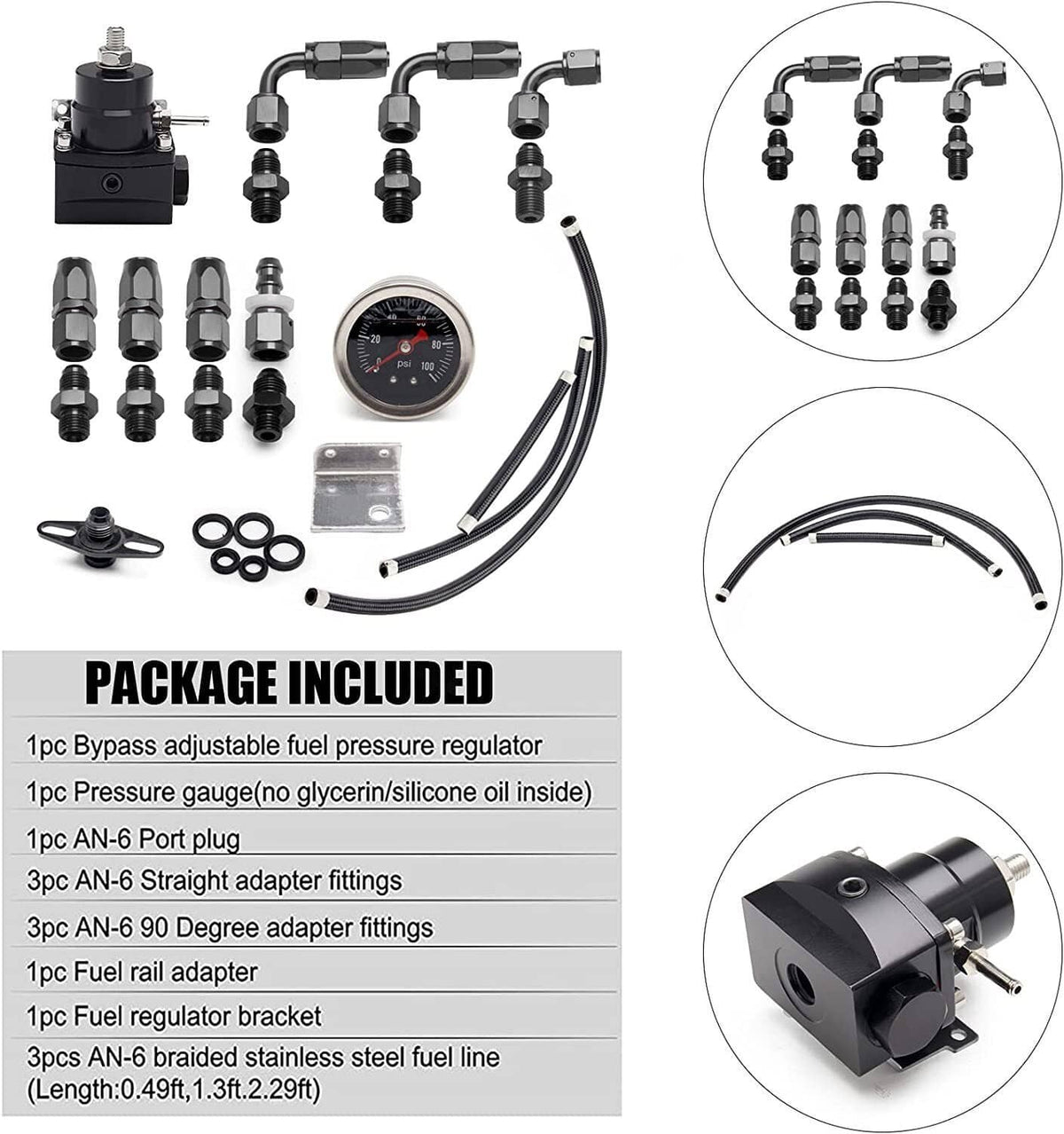 Fuel pressure regulator kit components: black regulator, pressure gauge, hoses, adapters