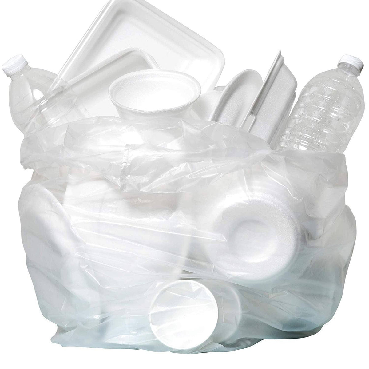 Clear plastic trash bags, bundled and crumpled pile for disposal use