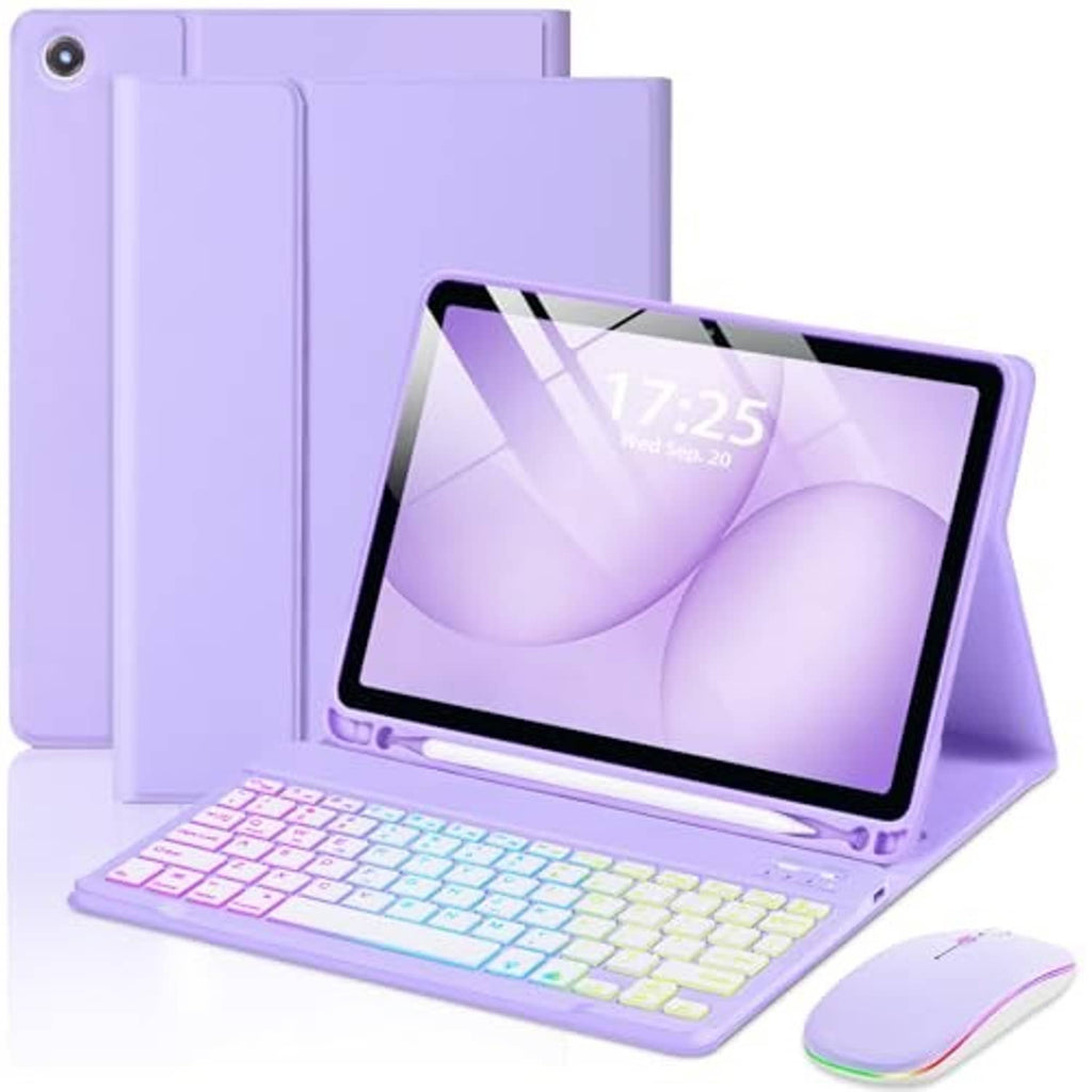 Purple folio tablet case with keyboard dock and matching wireless mouse