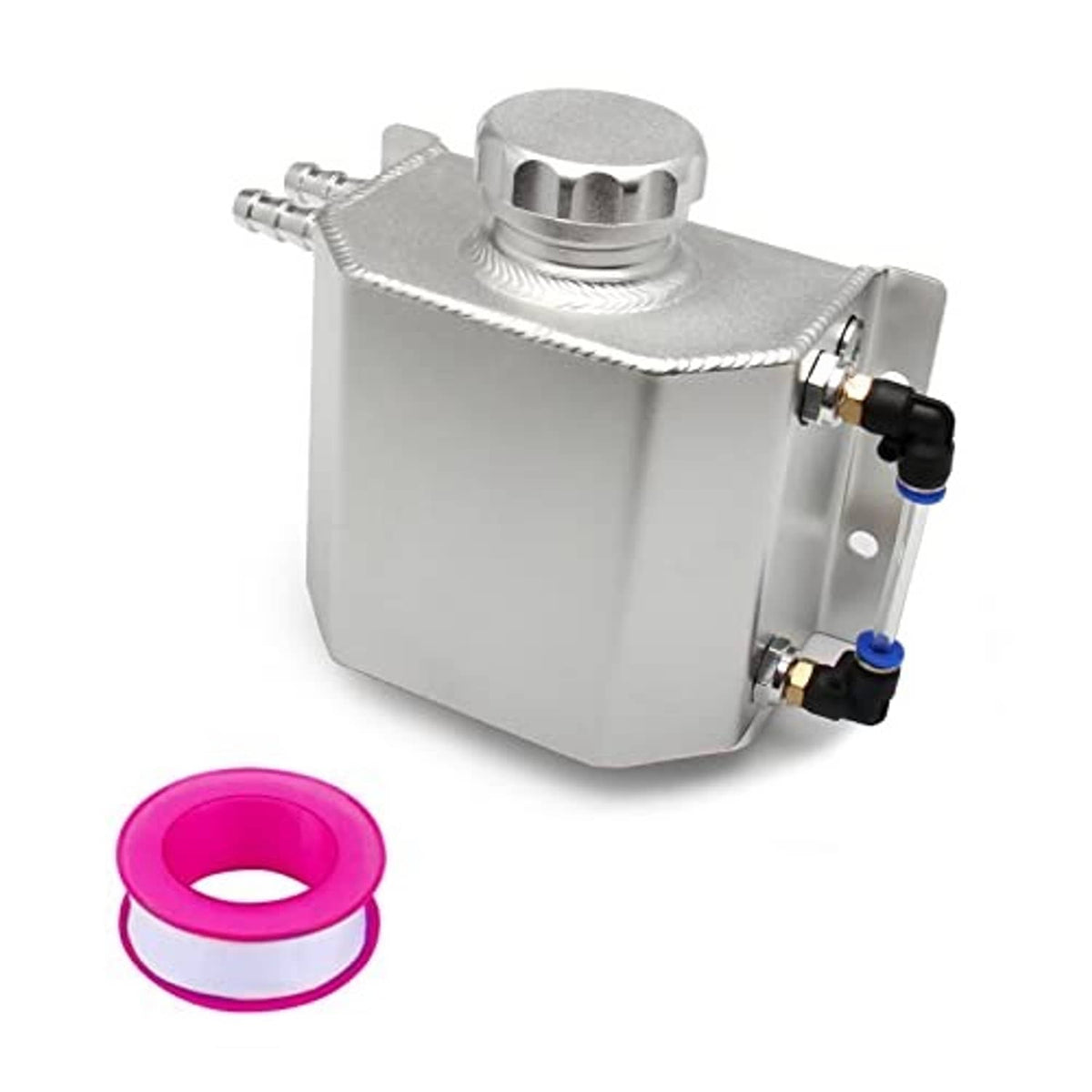 Silver aluminum coolant overflow tank with top cap and blue-ring hose connections