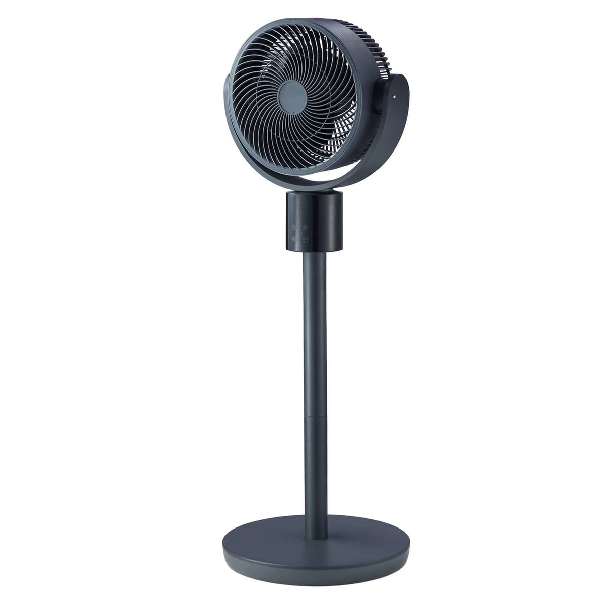 Dark blue-gray pedestal fan with grille fan head and round stand base