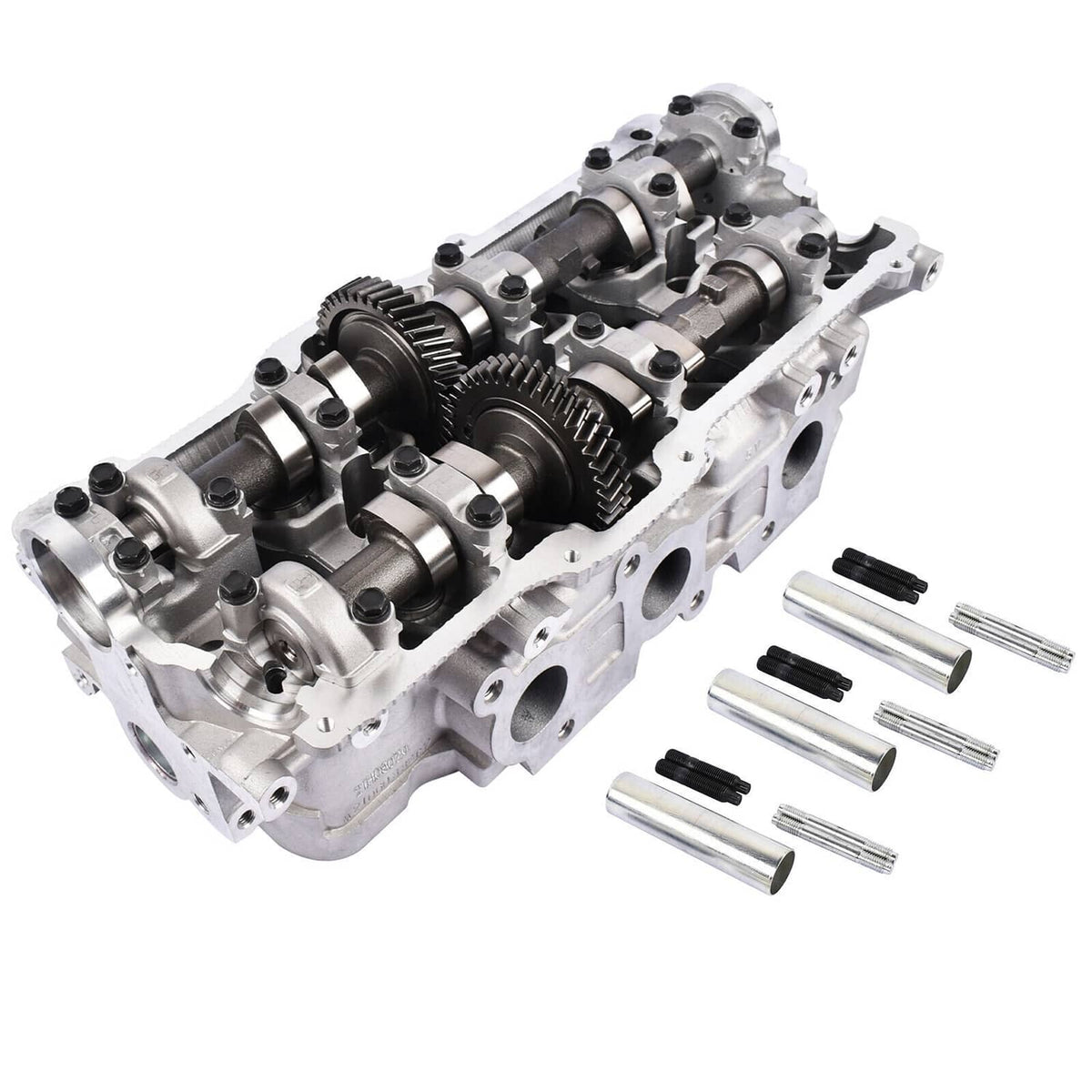 Engine cylinder head assembly with camshafts, plus included installation pins and bolts
