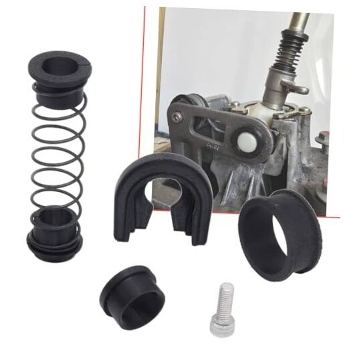 Manual shifter reverse lever repair kit parts: spring, bushings, sleeve, screw.