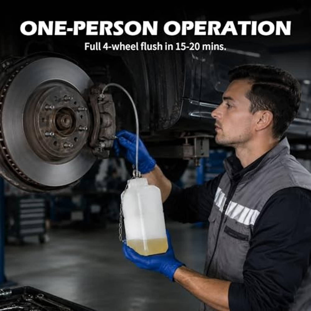 Technician using brake fluid bleeder kit with bottle during wheel service