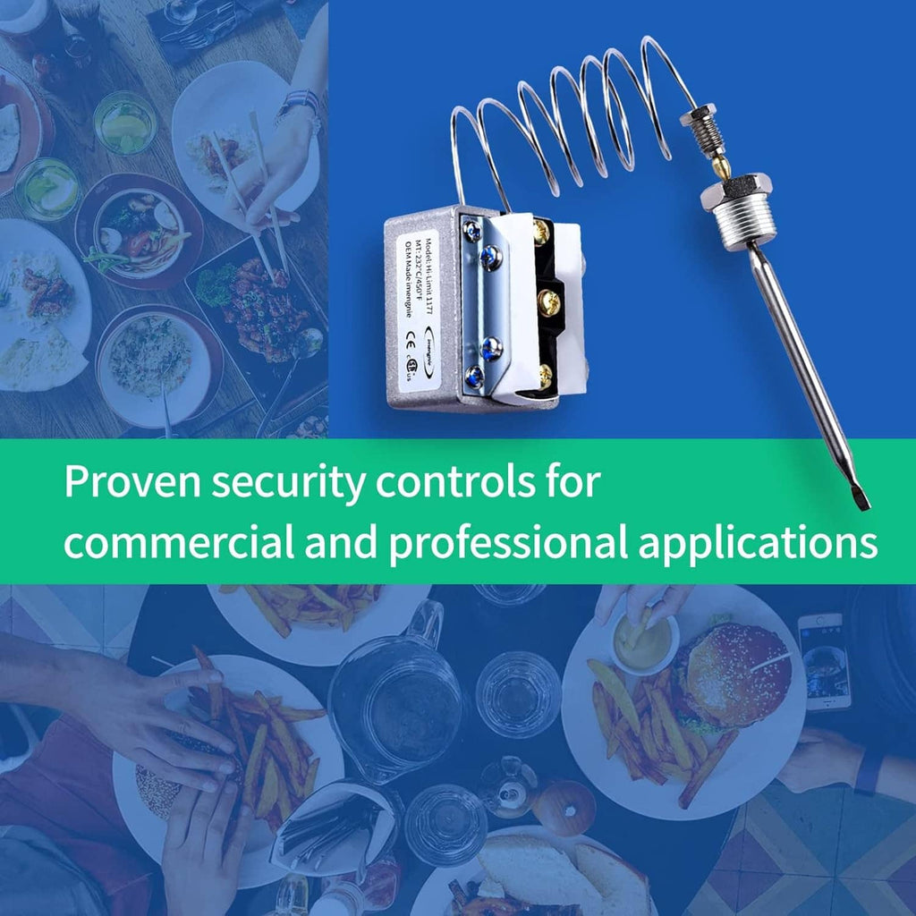 High-limit thermostat with coiled spring sensor and metal probe for commercial fryers