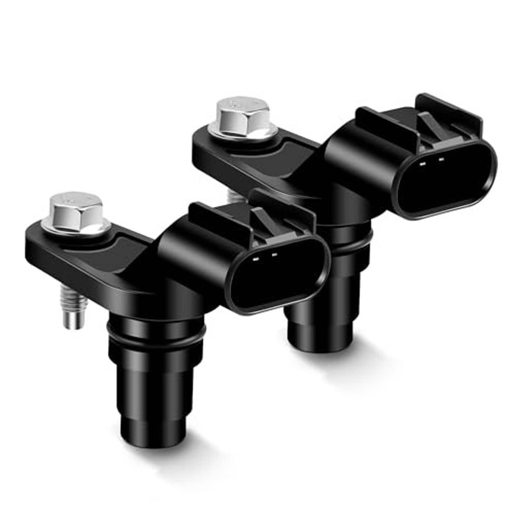 Black camshaft position sensor with two electrical connectors and side mounting bolts