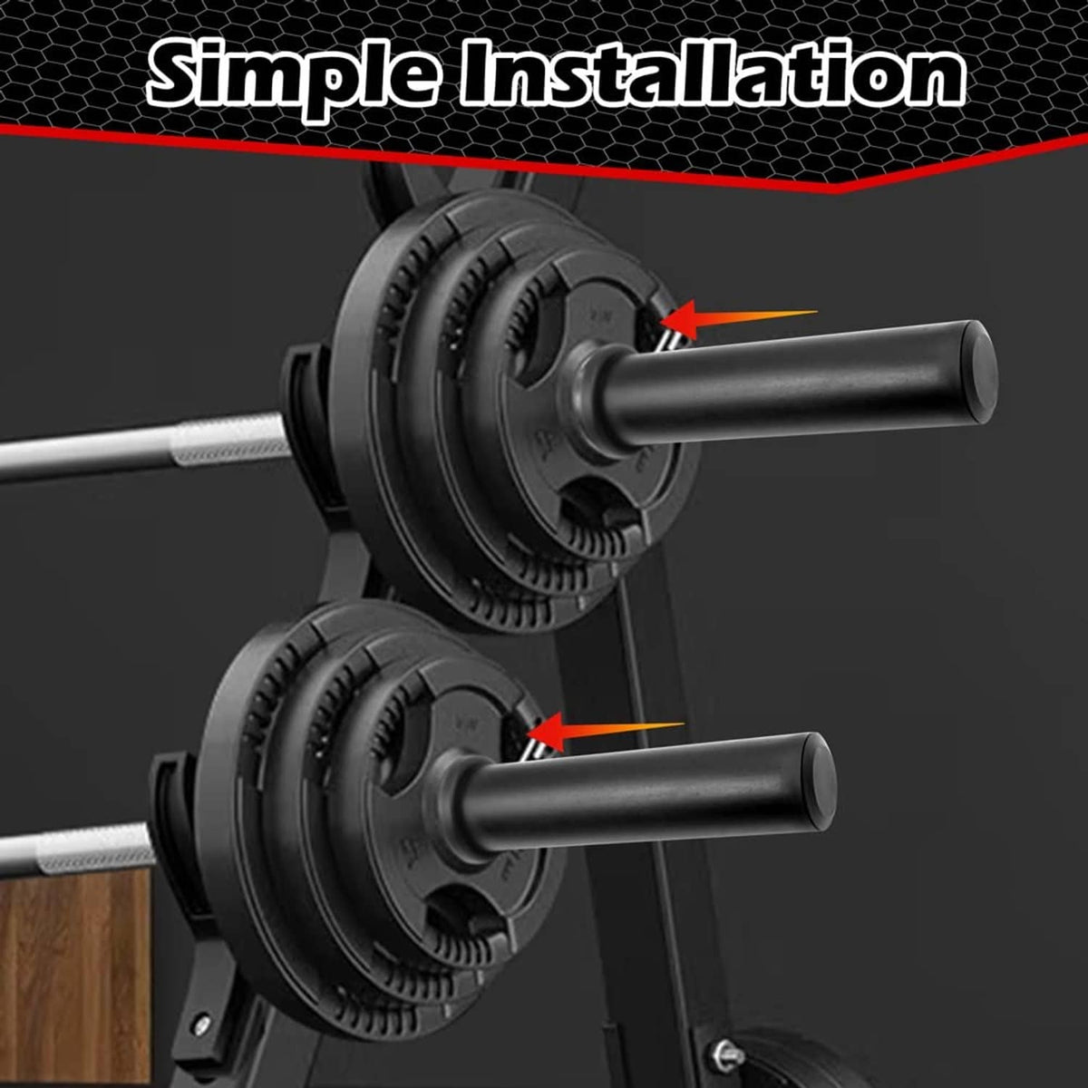 Olympic adapter sleeve attached to weight plate posts, showing quick installation view.
