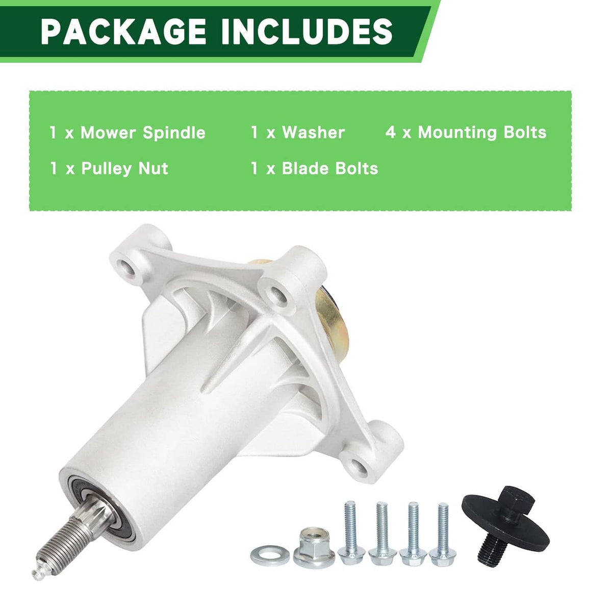 Mower spindle kit with washer, mounting bolts, pulley nut, and blade bolts