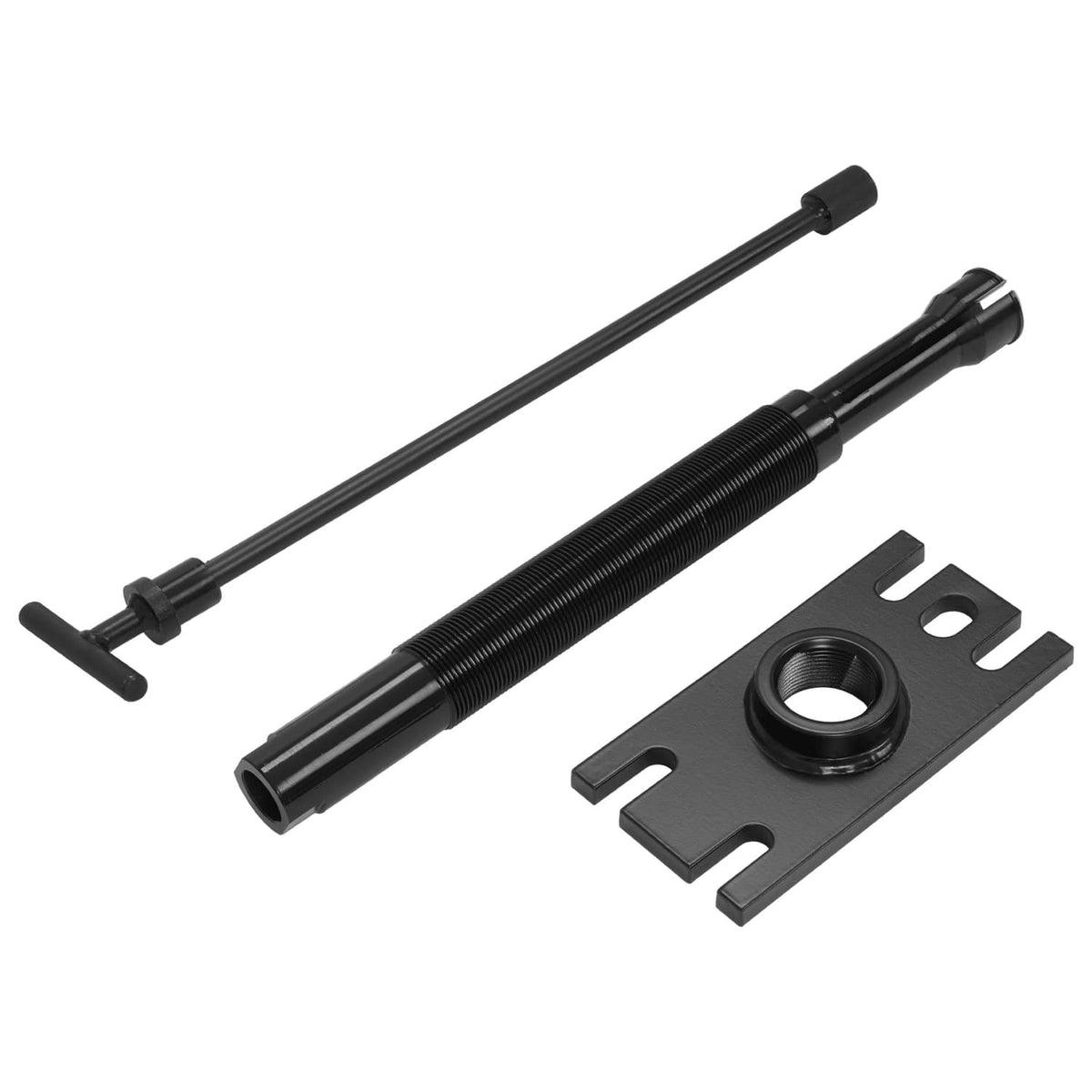 Bearing puller kit components: threaded rod, long guide bar, and alignment base, black