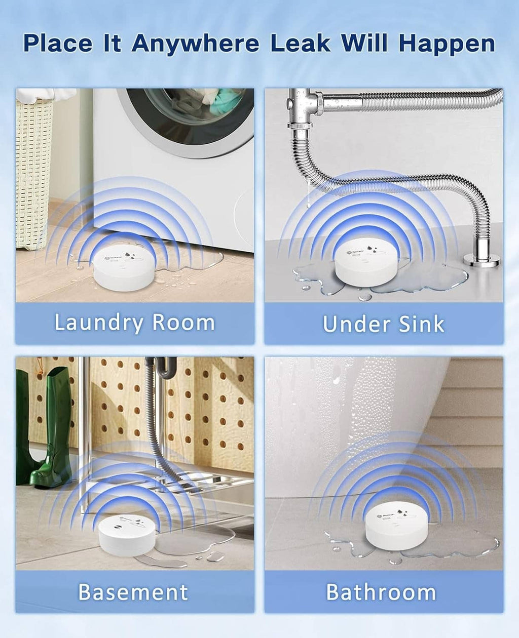 White water leak detector alarm for under sink or laundry, with audible sensor light