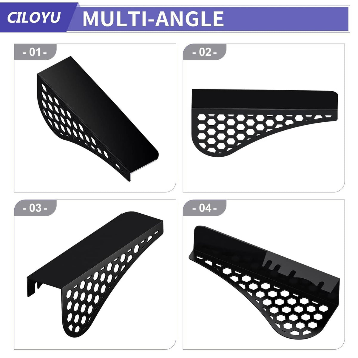 Black chain guard shown in four angles with honeycomb hex perforated panels