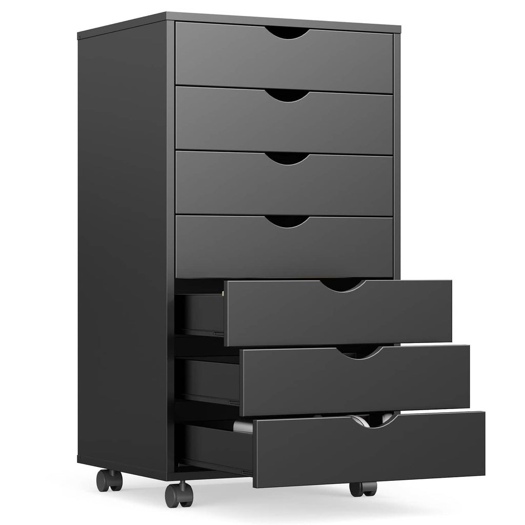 Black 7-drawer file cabinet on caster wheels with curved drawer pulls