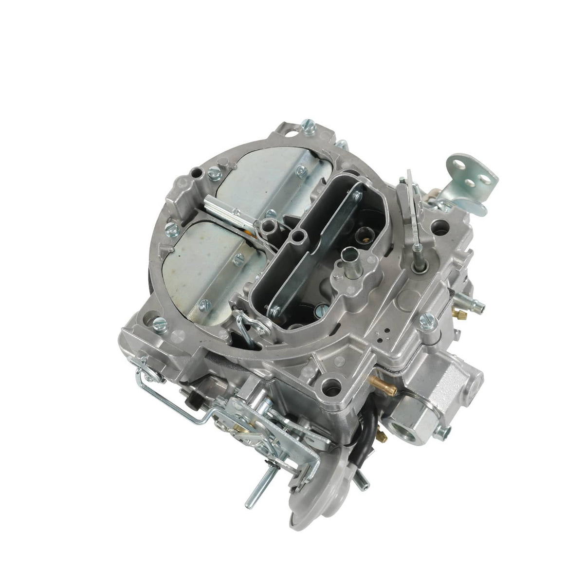 Four-barrel metal carburetor with throttle linkage and air horn, silver finish