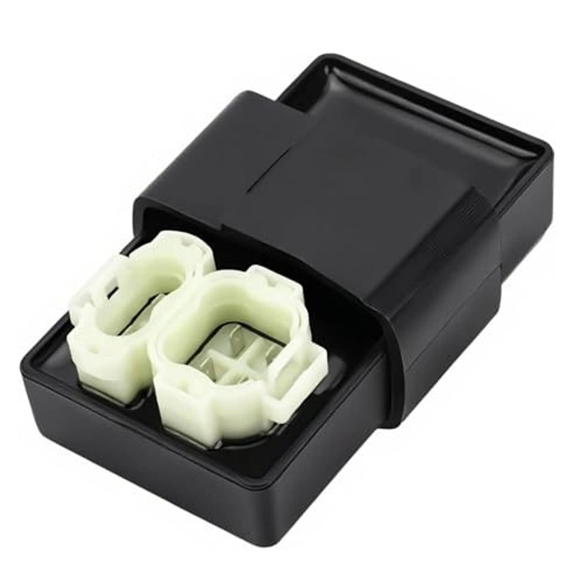Black CDI control box with white 6-pin connector, angled view
