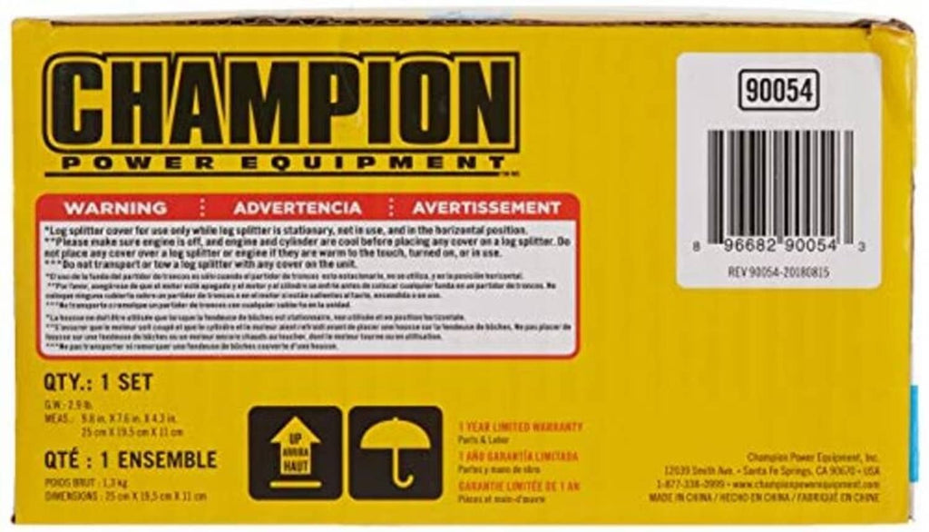 Champion Power Equipment log splitter cover box back with barcode and warning panel