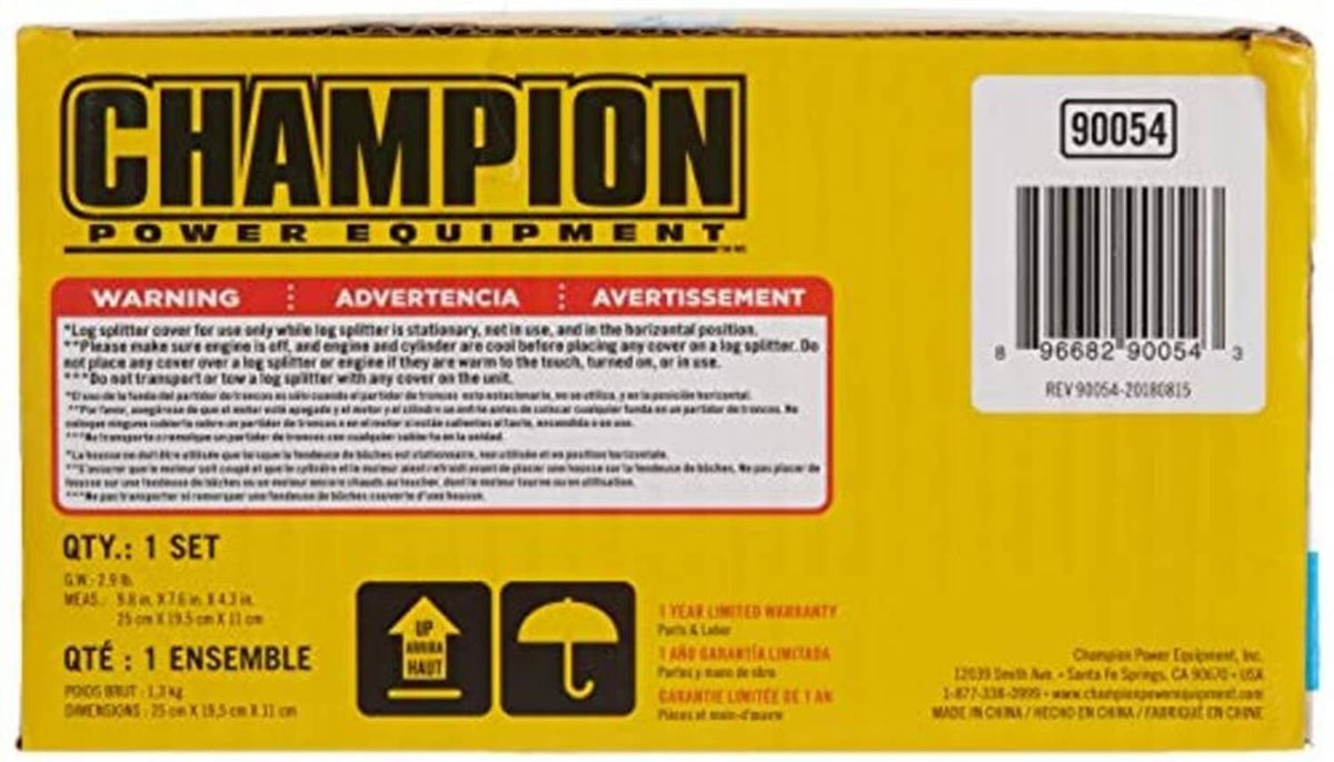 Champion Power Equipment log splitter cover box back with barcode and warning panel