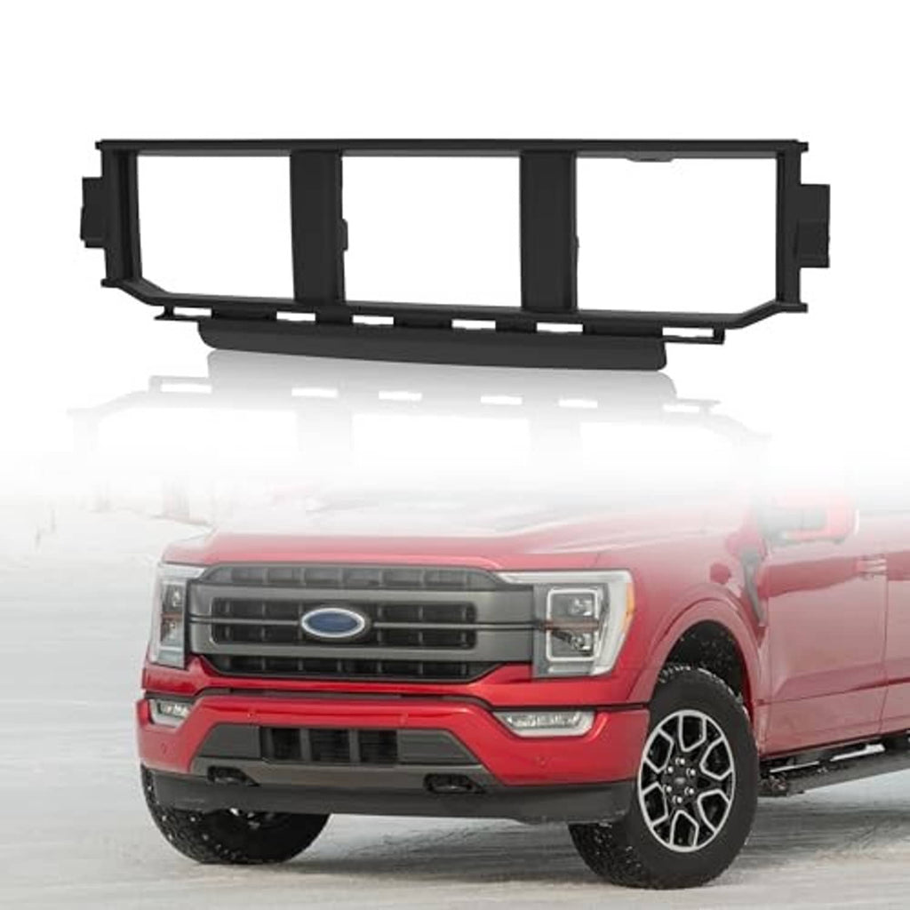 Black front lower center bumper grille on red Ford F-150 front view
