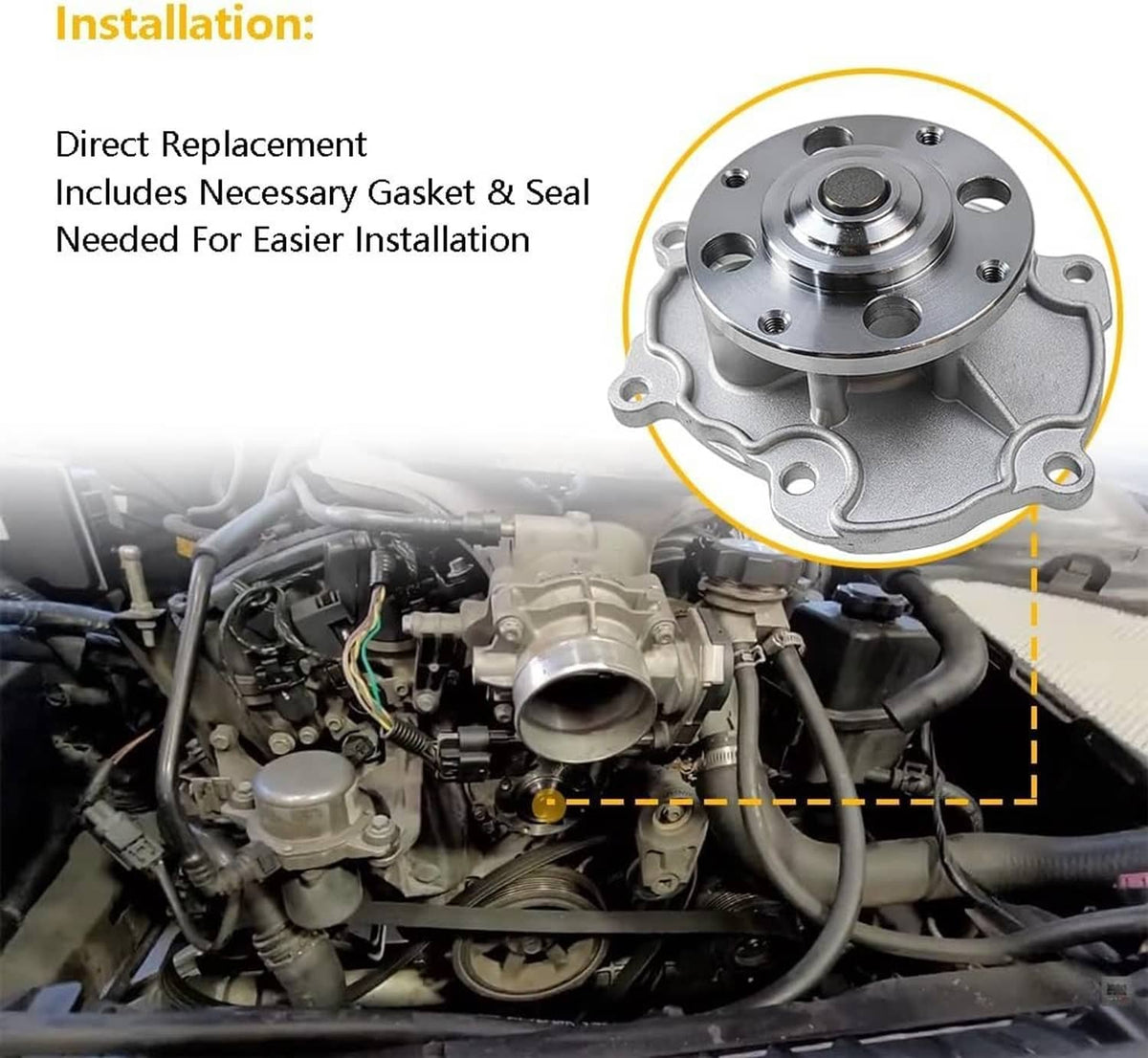 Automotive water pump with metal housing and mounting ports, shown close-up detail