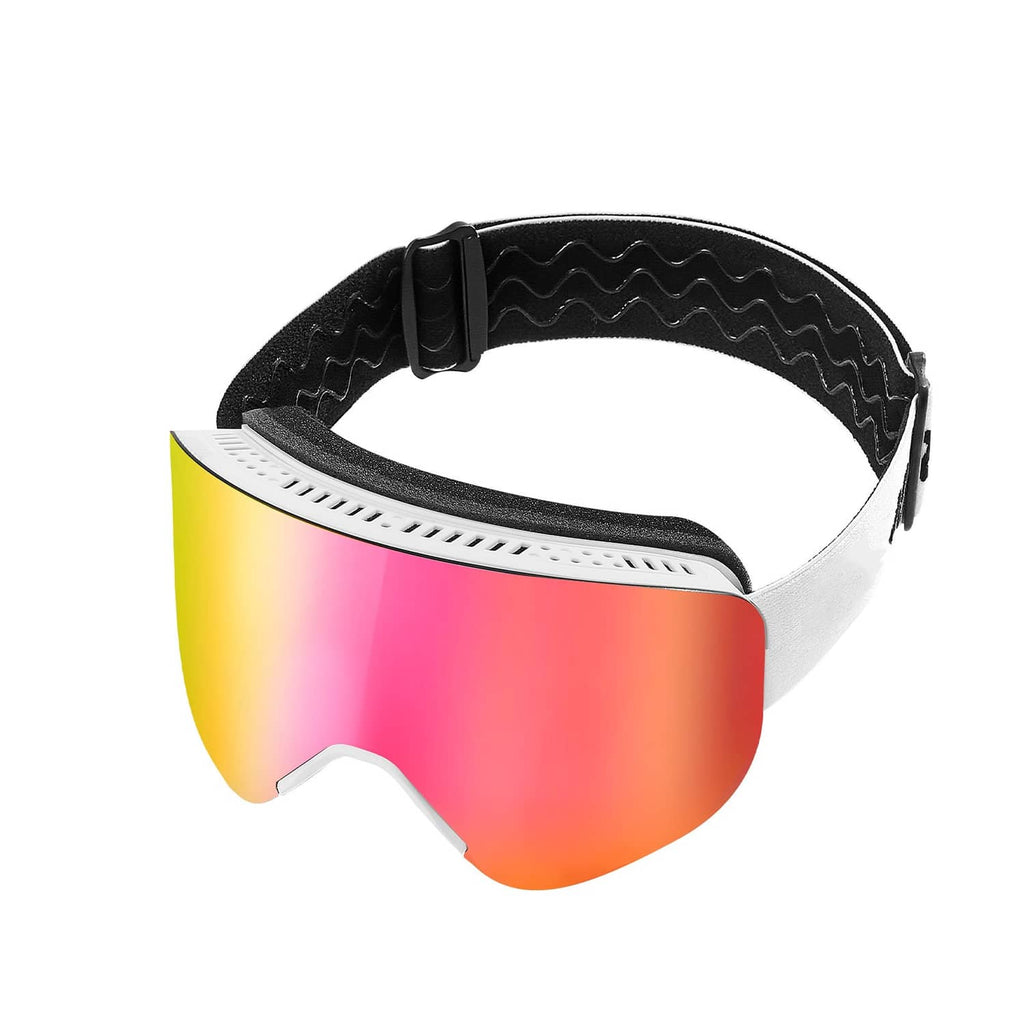 Ski goggles with black strap and cylindrical mirrored pink-orange lens
