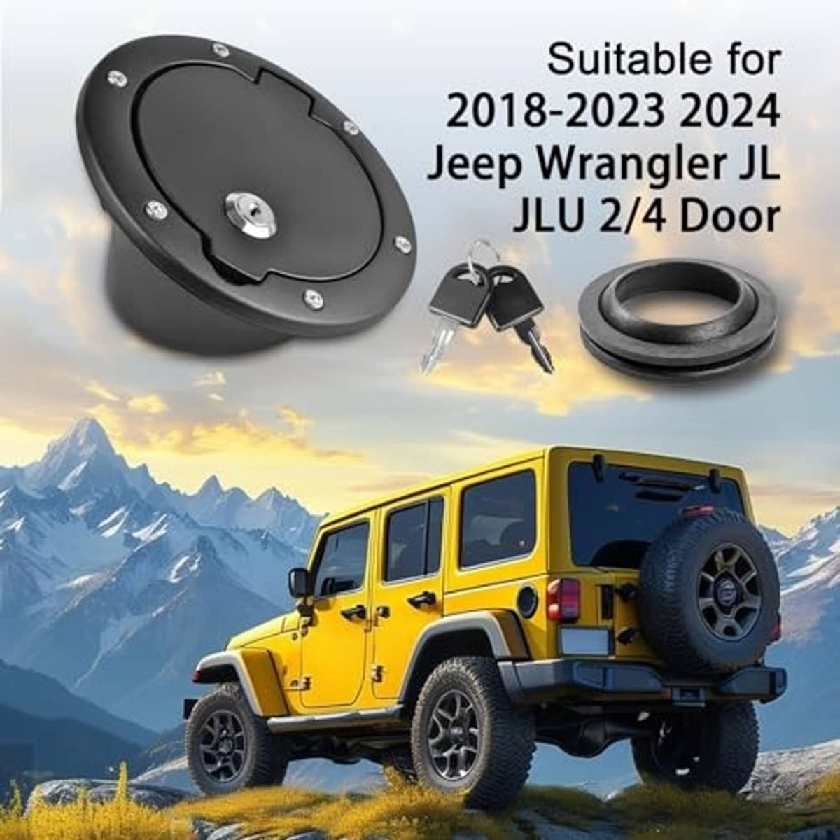 Locking black fuel filler door, keys, and fuel filler ring for Jeep Wrangler JL