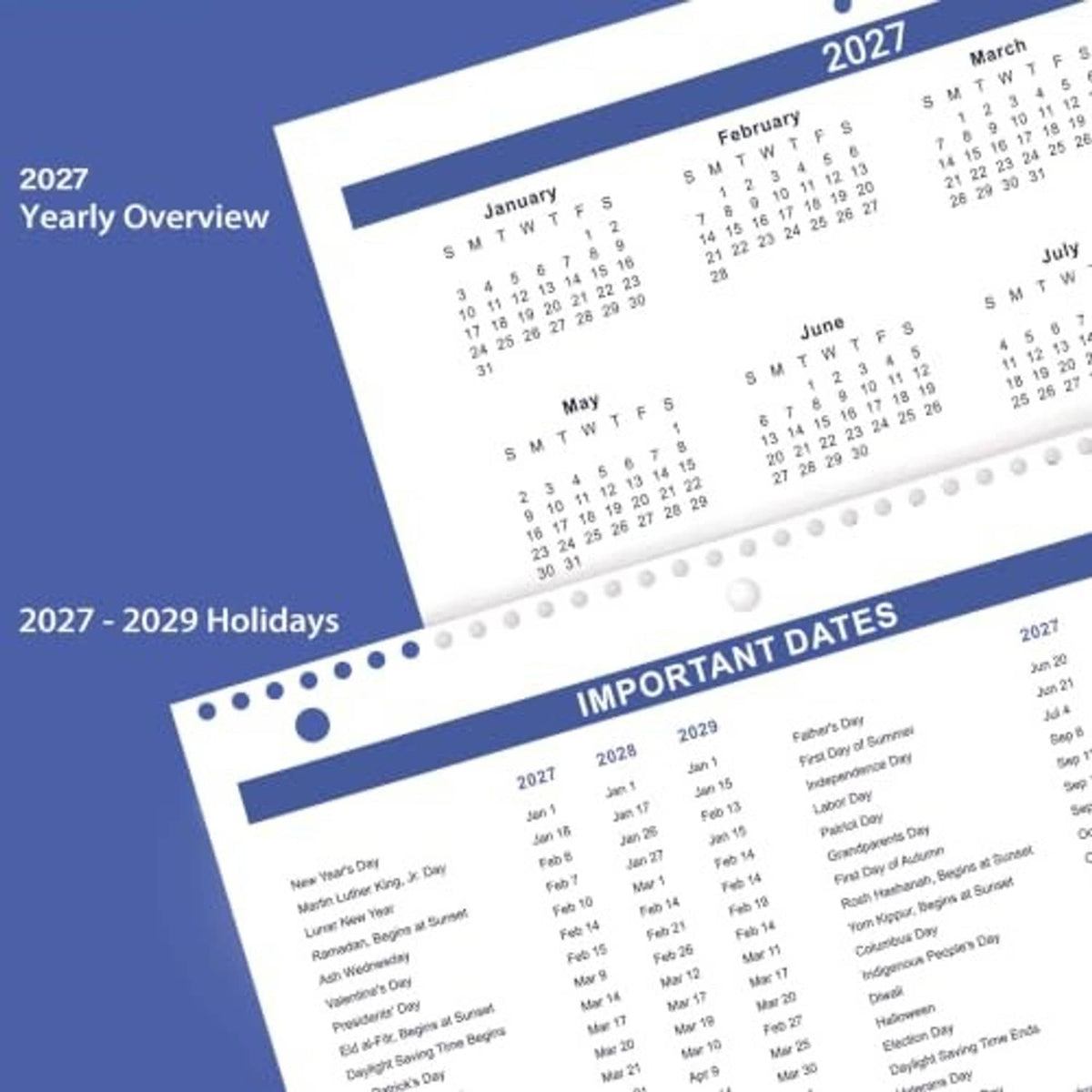 2027 yearly overview calendar sheets with monthly mini grids and important dates section.