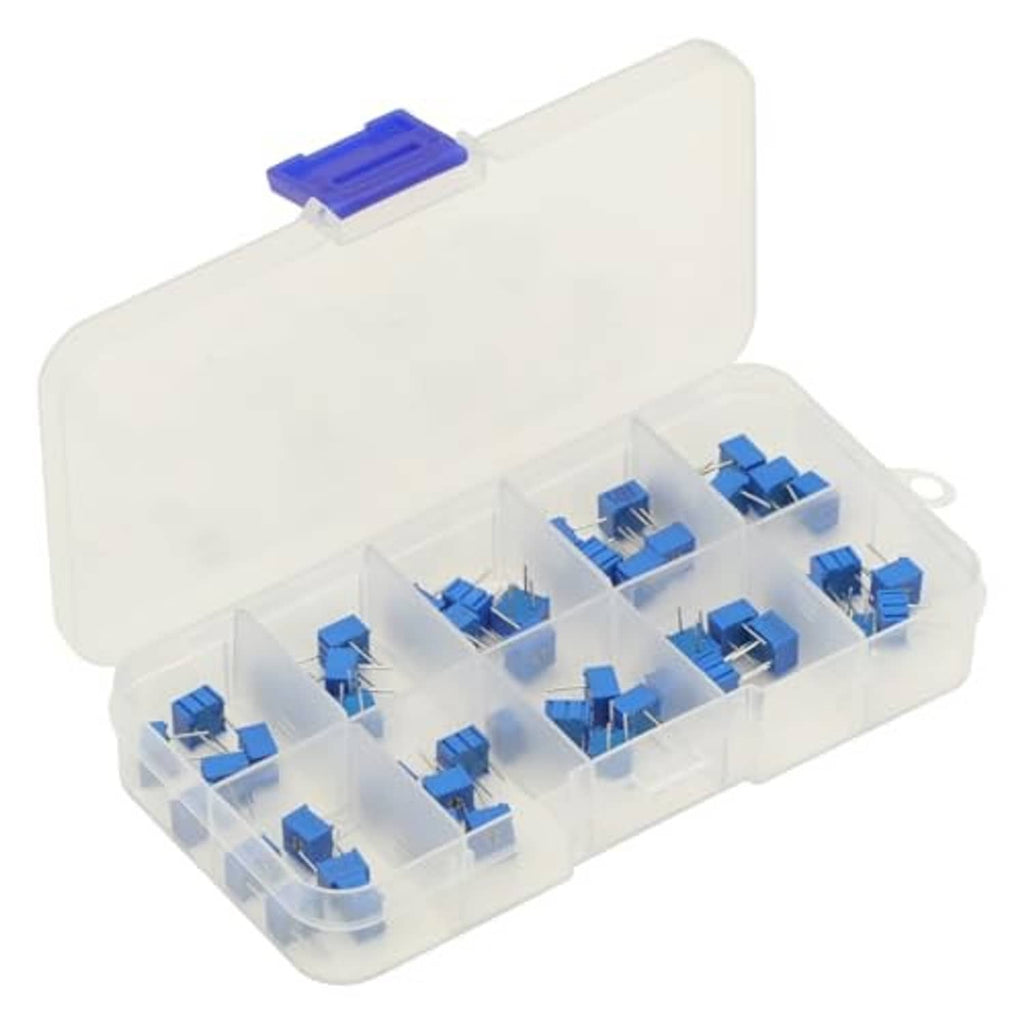Open potentiometer trimmer kit case with blue 3-pin trimmers in molded compartments