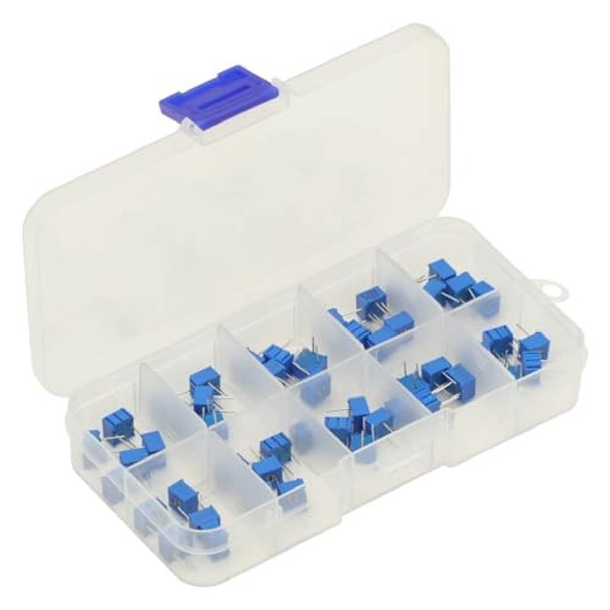 Open potentiometer trimmer kit case with blue 3-pin trimmers in molded compartments