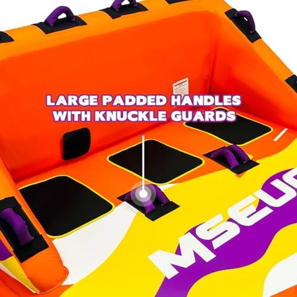 Orange inflatable towable tube with large padded handles and knuckle guards