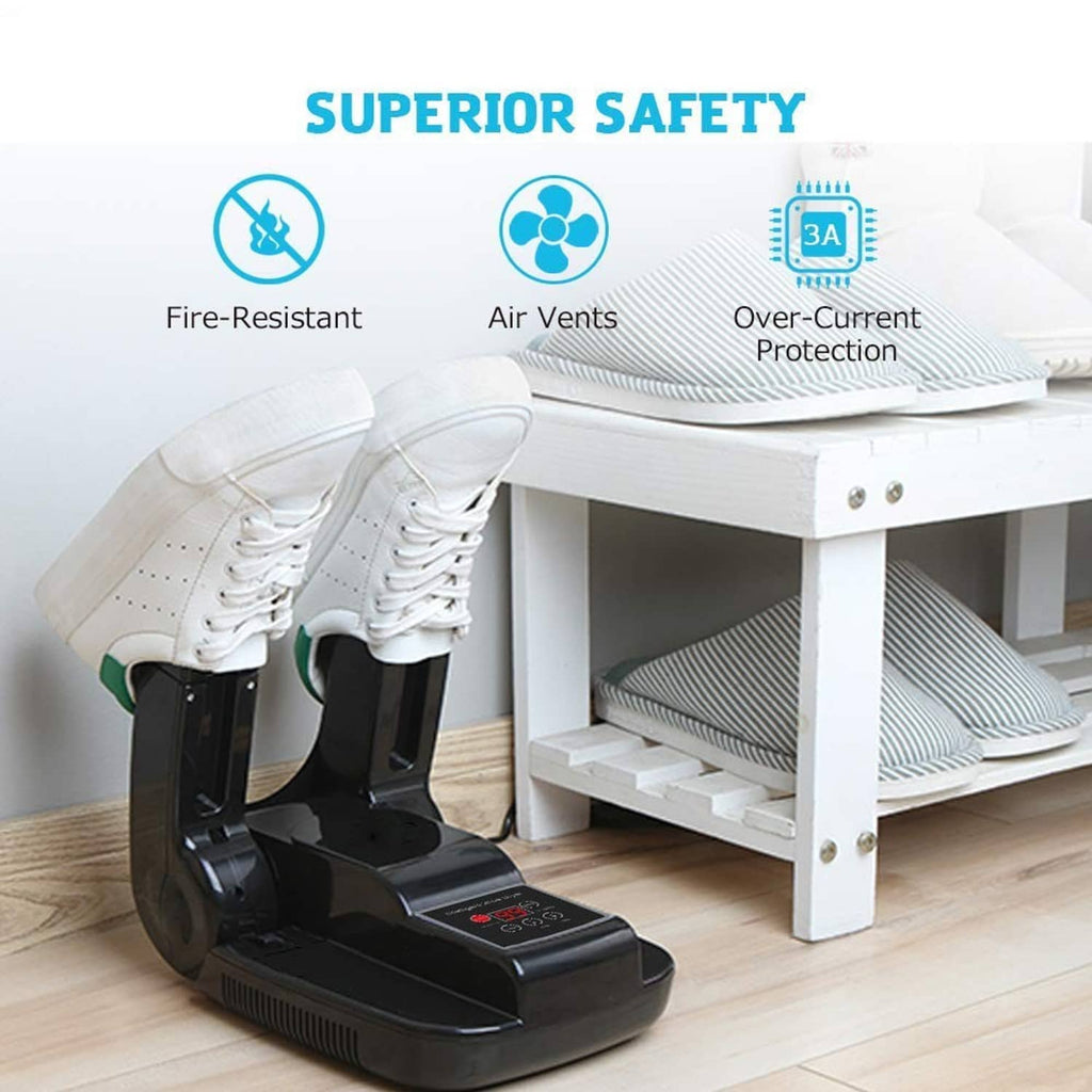 Black shoe dryer with safety features: air vents and over-current protection