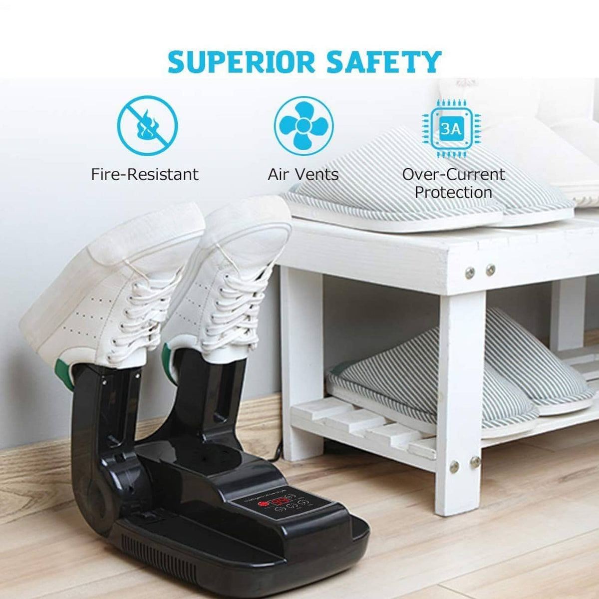 Black shoe dryer with safety features: air vents and over-current protection