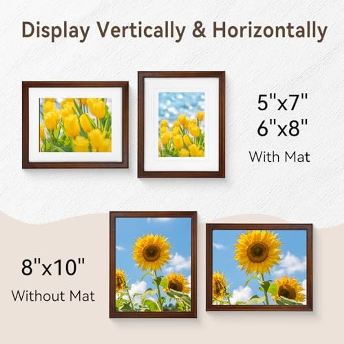 8x10 walnut photo frames for vertical or horizontal display, with and without mat