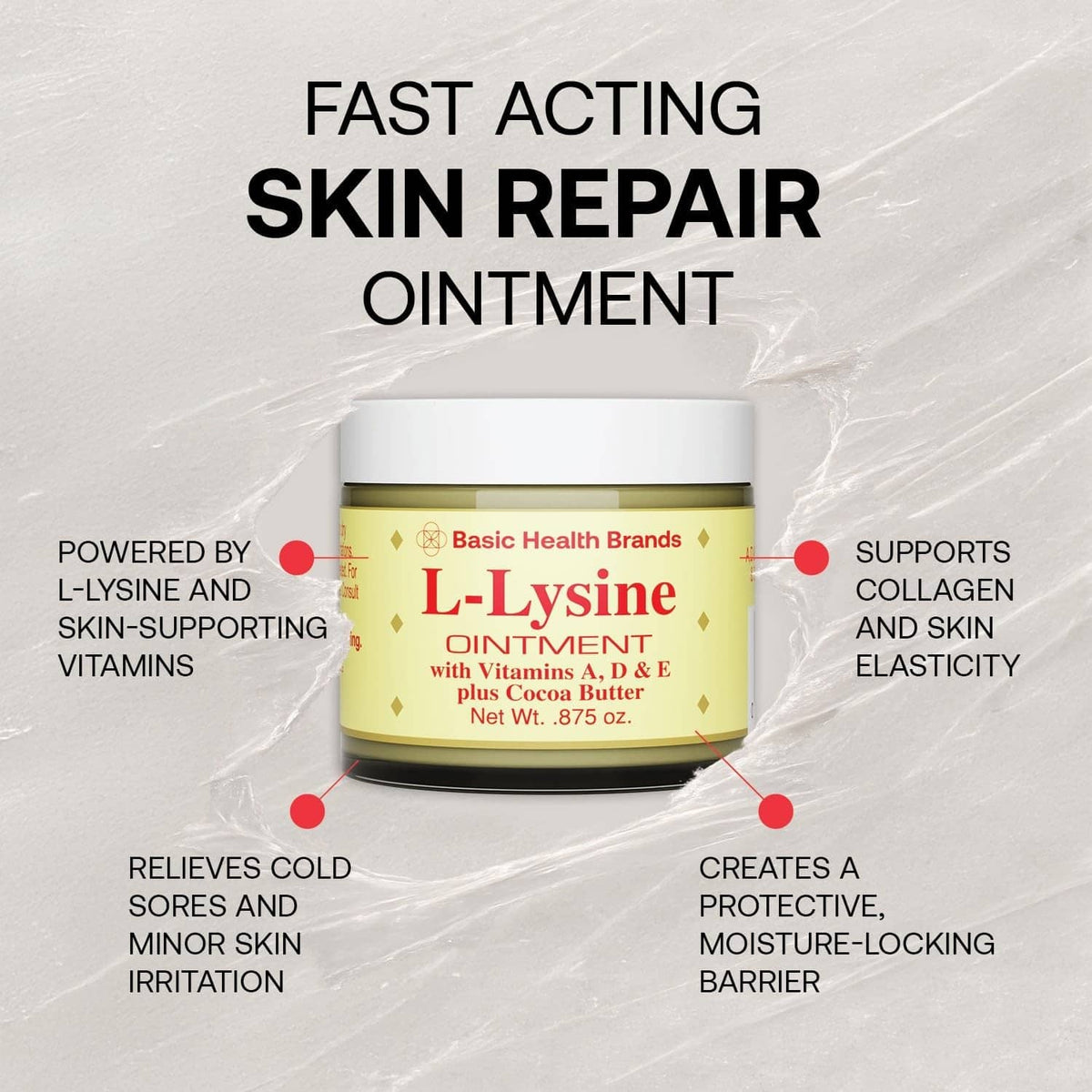 L-Lysine ointment jar centered on skin-repair themed packaging, white lid and gold label